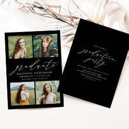 Invitación Elegante Script Black 4 Photo Graduation Party