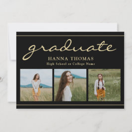 Invitación Elegante Script Black Gold Tres Graduación de foto