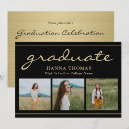 Invitación Elegante Script Black Gold Tres Graduación de foto