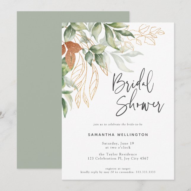 Invitación Elegante Script Botanical Watercolor Bridal Shower (Anverso / Reverso)