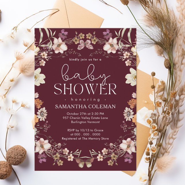 Invitación Elegante Script Burgundy Wildflower Baby Shower (Subido por el creador)