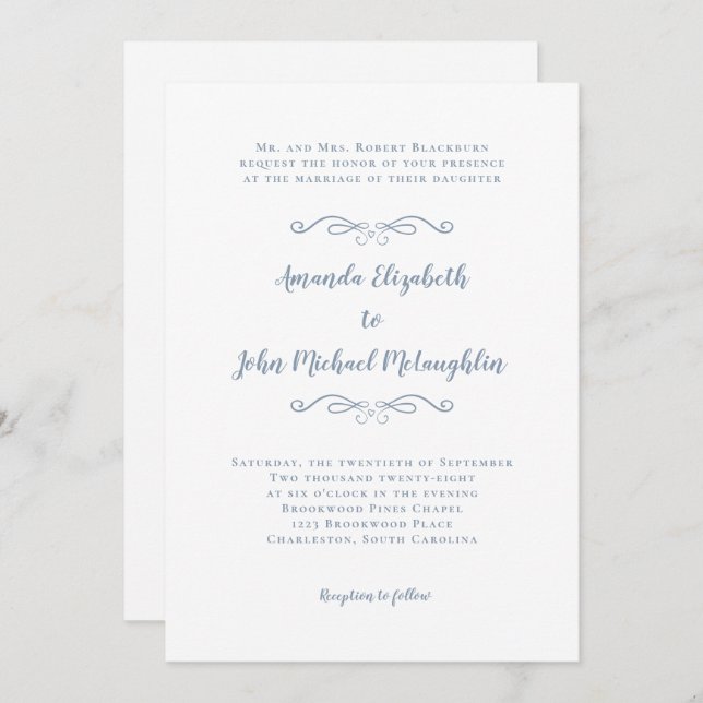 Invitación Elegante Script Clásico Boda formal Dusty Azul (Anverso / Reverso)