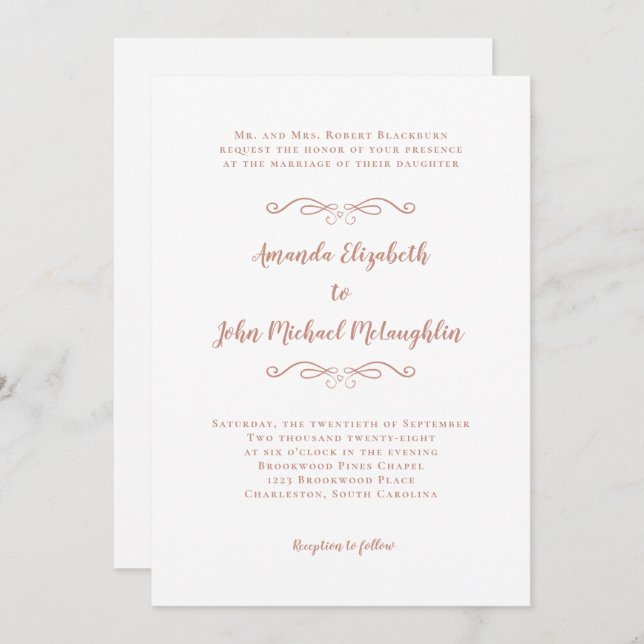Invitación Elegante Script Clásico Boda formal Rosa Oro (Anverso / Reverso)