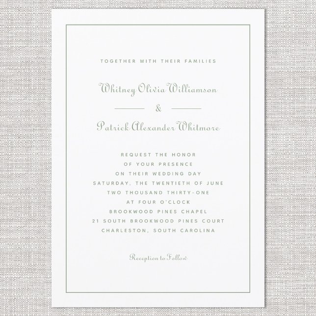 Invitación Elegante Script Clásico Bodas Formales Verde Blanc (Elegant Script Classic Formal Weddings White Green Invitation)