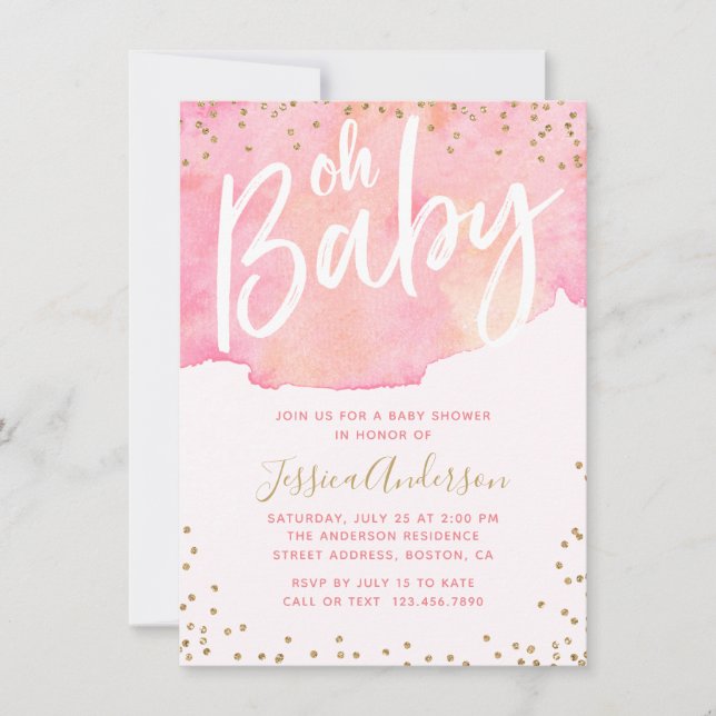 Invitación Elegante Script color de agua rosada | CHICA BABY  (Anverso)