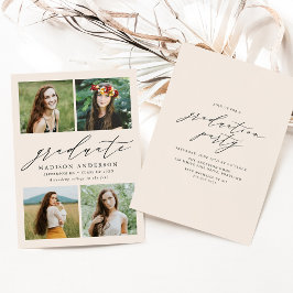 Invitación Elegante Script Cream 4 Photo Graduation Party