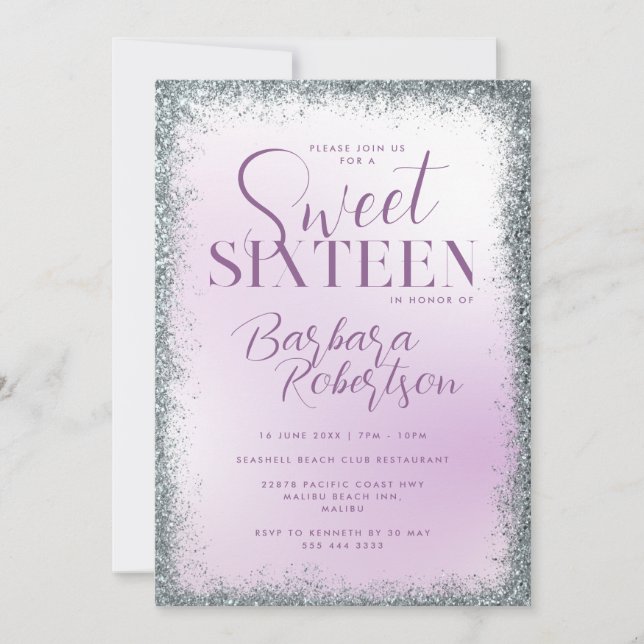Invitación Elegante Script de Purpura Plateado con Brillo par (Anverso)