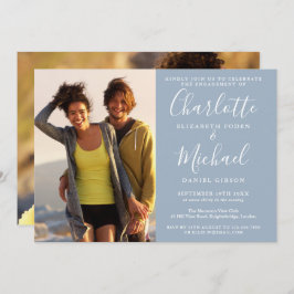 Invitación Elegante Script Dusty Blue 2 Photo Engagement Part