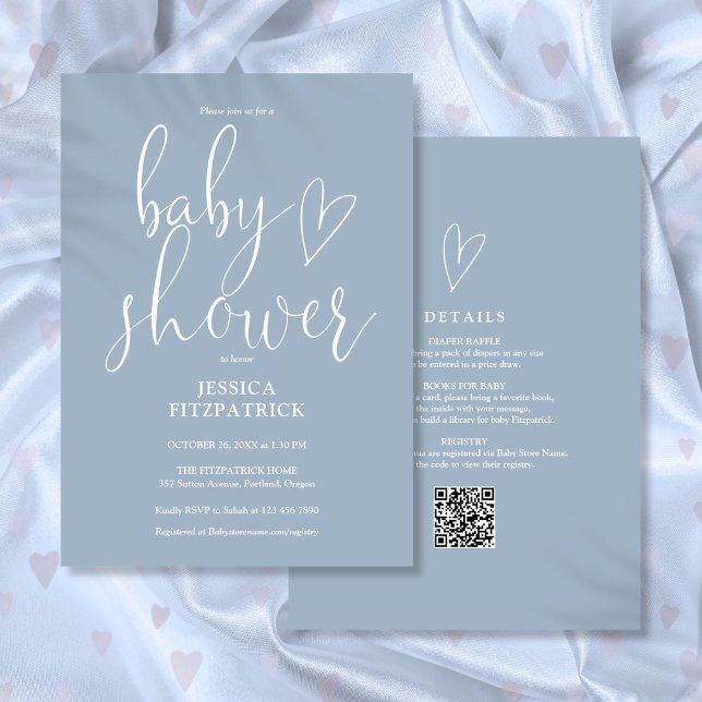 Invitación Elegante Script Dusty Blue All In One Baby Shower (Subido por el creador)