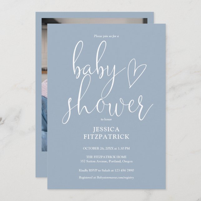 Invitación Elegante Script Dusty Blue Photo Baby Shower (Anverso / Reverso)