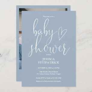 Invitación Elegante Script Dusty Blue Photo Baby Shower