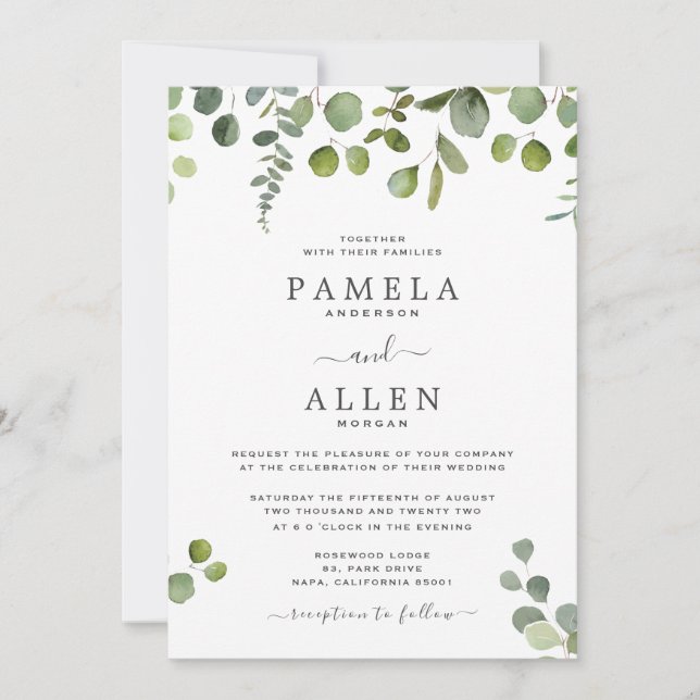 Invitación Elegante script Eucalyptus Wedting (Anverso)