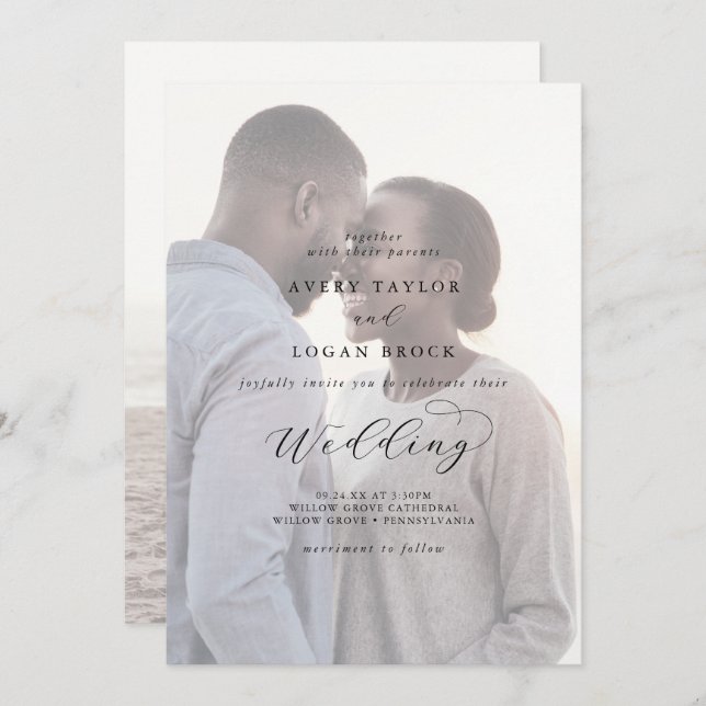 Invitación Elegante Script Faded Photo Front and Back Boda (Anverso / Reverso)