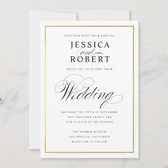 Invitación Elegante Script Faux Gold Border Wedding Invitació (Anverso)