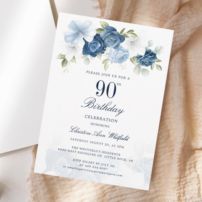 Invitación Elegante Script Floral 90 cumpleaños (Elegant Script Floral 90th Birthday Invitation)