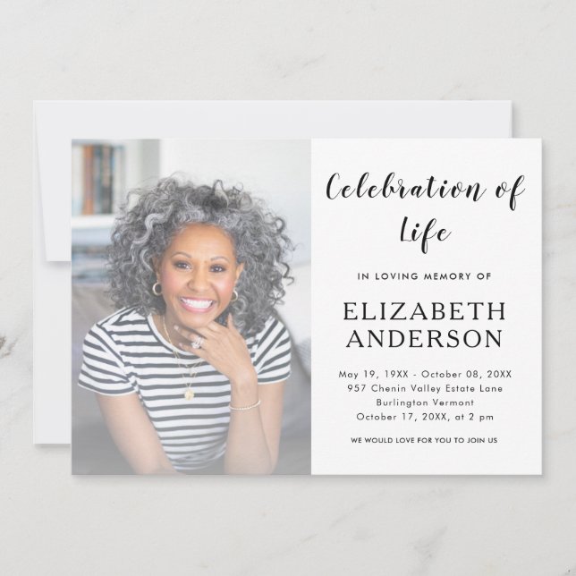 Invitación Elegante Script Funeral Foto Celebración de la Vid (Anverso)