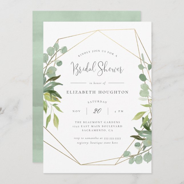 Invitación Elegante Script Geometric Greenery Bridal Shower (Anverso / Reverso)