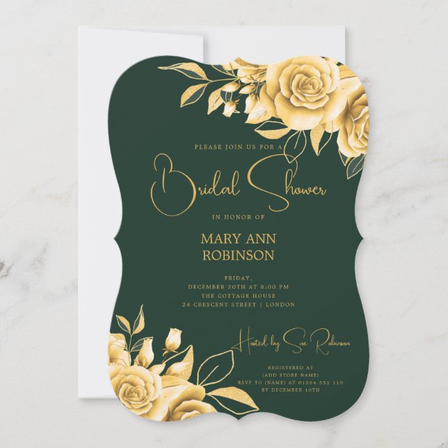 Invitación Elegante Script Gold Floral Bridal Shower Emerald (Anverso)