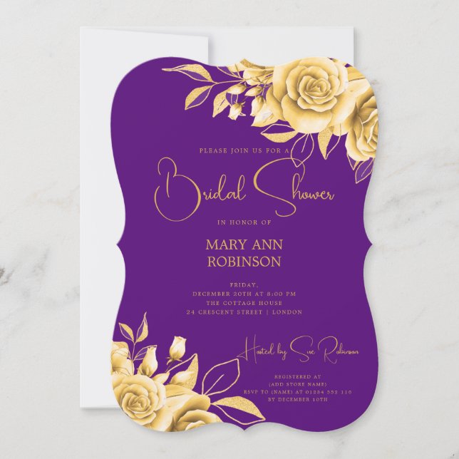 Invitación Elegante Script Gold Floral Bridal Shower Purple (Anverso)