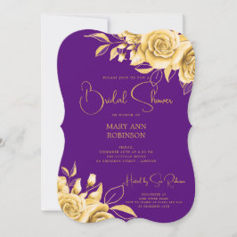 Invitación Elegante Script Gold Floral Bridal Shower Purple