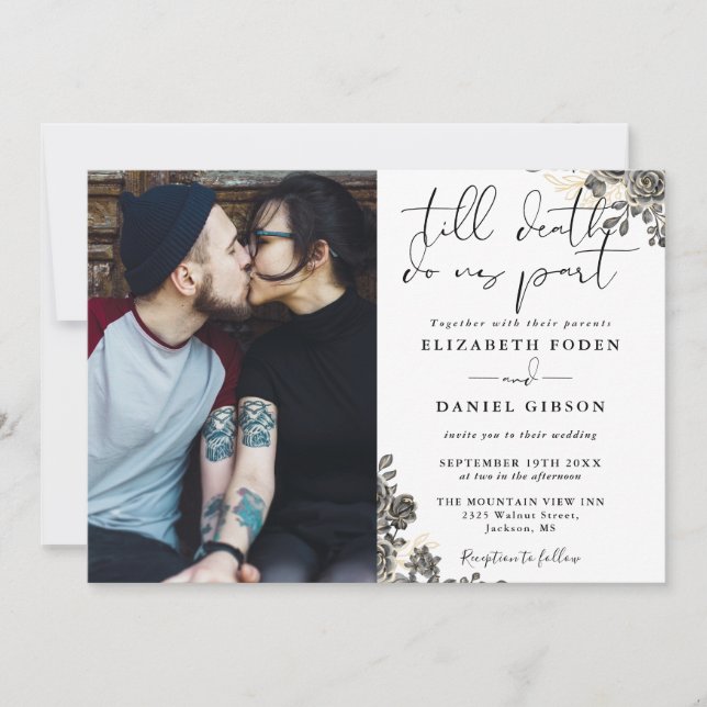 Invitación Elegante Script Gothic Rosas Floral Foto Boda (Anverso)