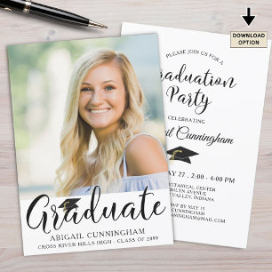 Invitación Elegante Script Graduado Una Foto Blanco Negro
