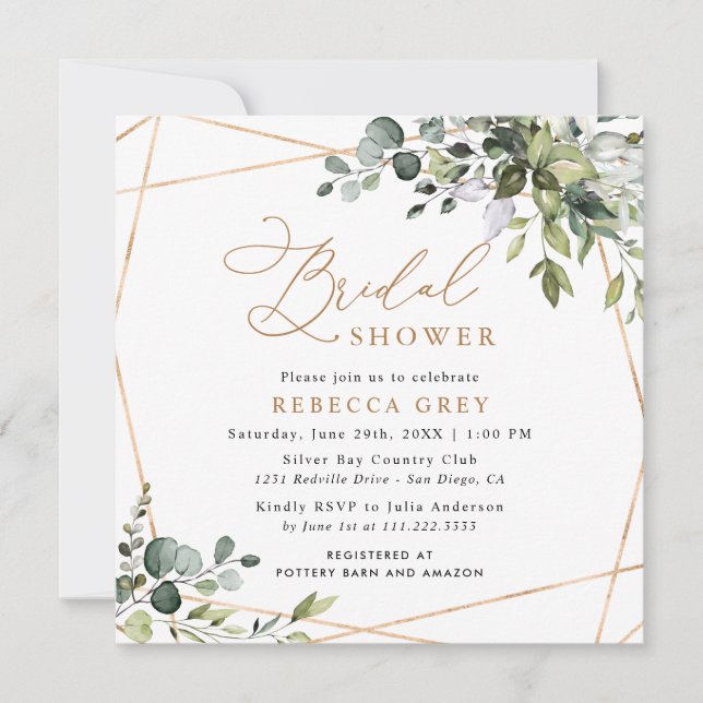 Invitación Elegante Script Greenery Gold Bridal Shower (Anverso)