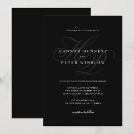Invitación Elegante Script Monograma Iniciales Boda Negro
