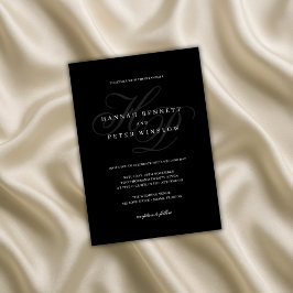 Invitación Elegante Script Monograma Iniciales Boda Negro