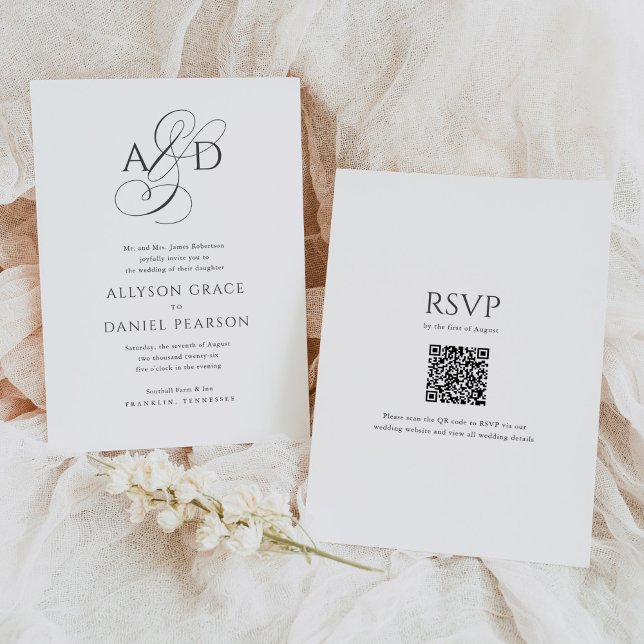 Invitación Elegante Script Monograma QR Código Boda clásico (Subido por el creador)