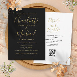 Invitación Elegante Script Negro Y Oro Boda de código QR