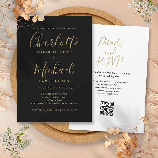 Invitación Elegante Script Negro Y Oro Boda de código QR (Elegant Script Black And Gold QR Code Wedding Invitation)