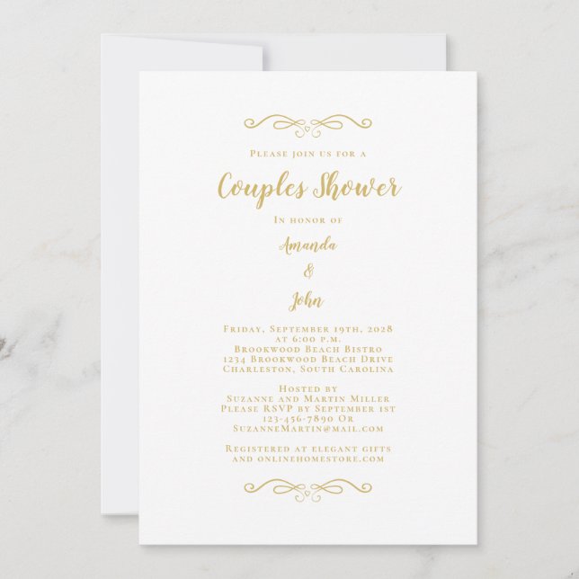 Invitación Elegante Script Parejas Ducha Boda Oro (Anverso)