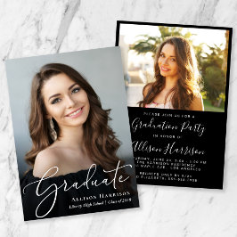 Invitación Elegante Script Photo Black Graduation Party