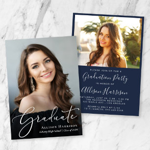 Invitación Elegante Script Photo Blue Graduation Party