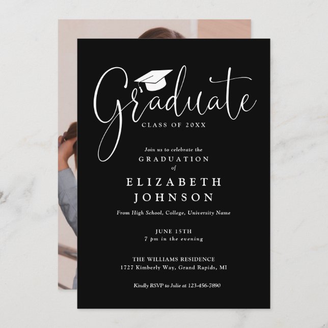 Invitación Elegante Script Photo Graduation Party (Anverso / Reverso)