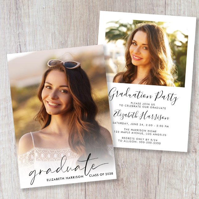 Invitación Elegante Script Photo Overlay Party (Elegant Script Photo Overlay Graduation Party Invitation)
