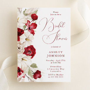 Invitación Elegante Script Red & White Floral Bridal Shower