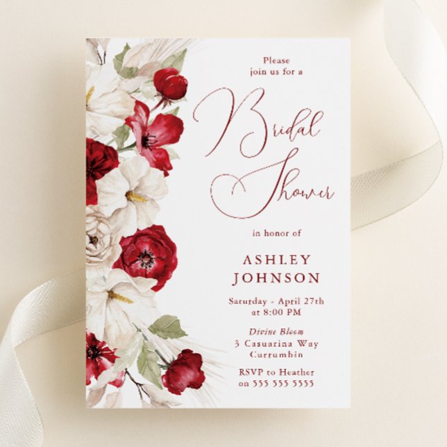 Invitación Elegante Script Red & White Floral Bridal Shower (Subido por el creador)