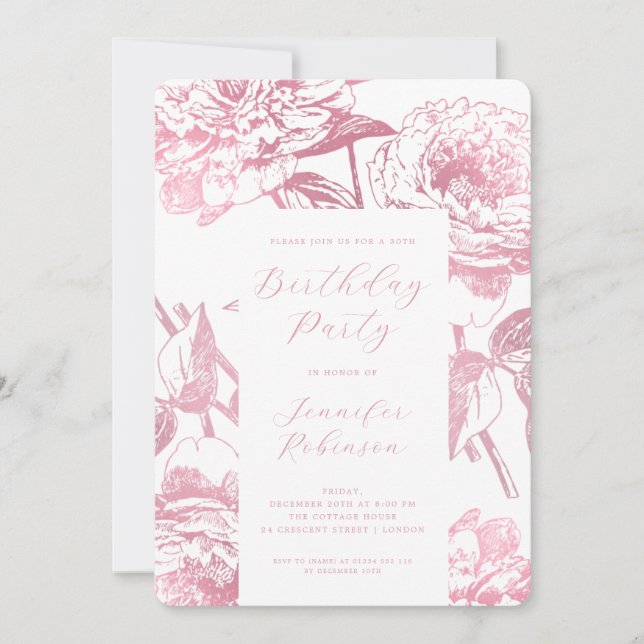 Invitación Elegante Script Rosa Fiesta de cumpleaños con flor (Anverso)