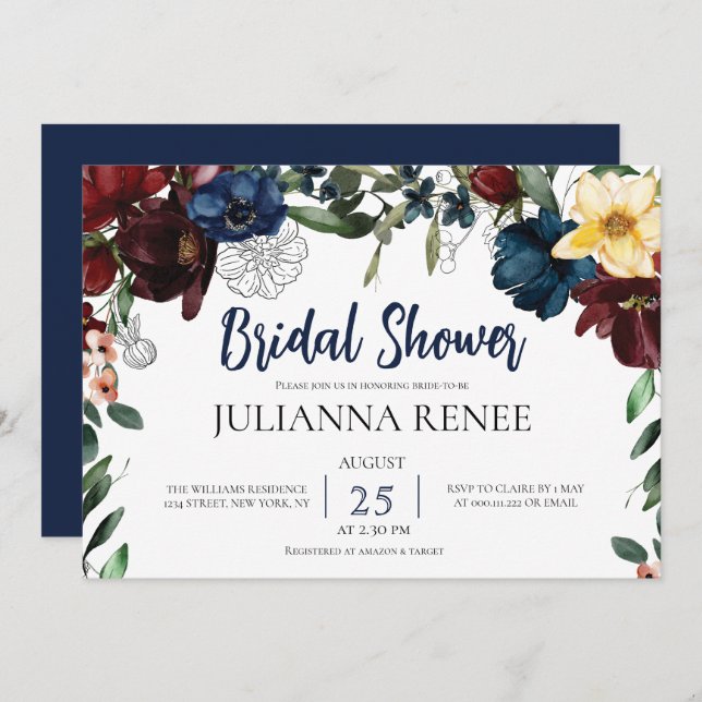 Invitación Elegante Script Rubor Marina Floral Bridal Ducha (Anverso / Reverso)