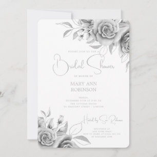 Invitación Elegante Script Silver Floral Bridal Shower