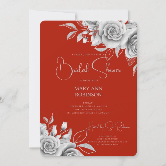Invitación Elegante Script Silver Floral Bridal Shower Red (Anverso)