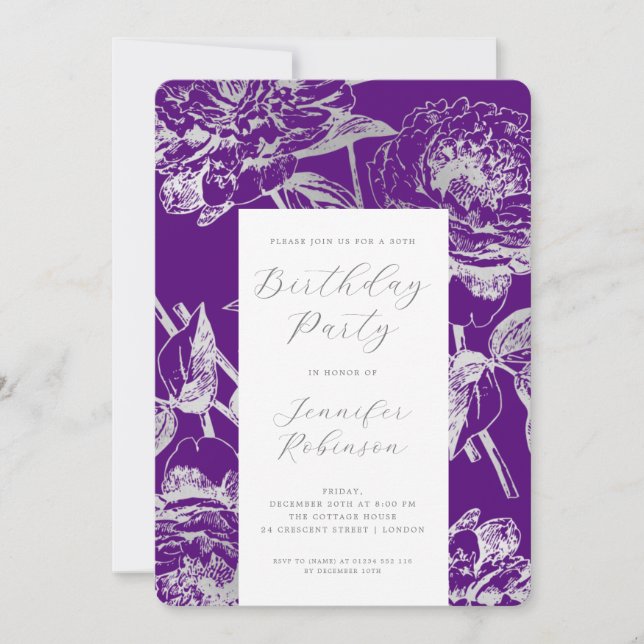 Invitación Elegante Script Silver Floral fiesta de cumpleaños (Anverso)