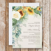 Elegante Script Sunflowers Eucalyptus Boda