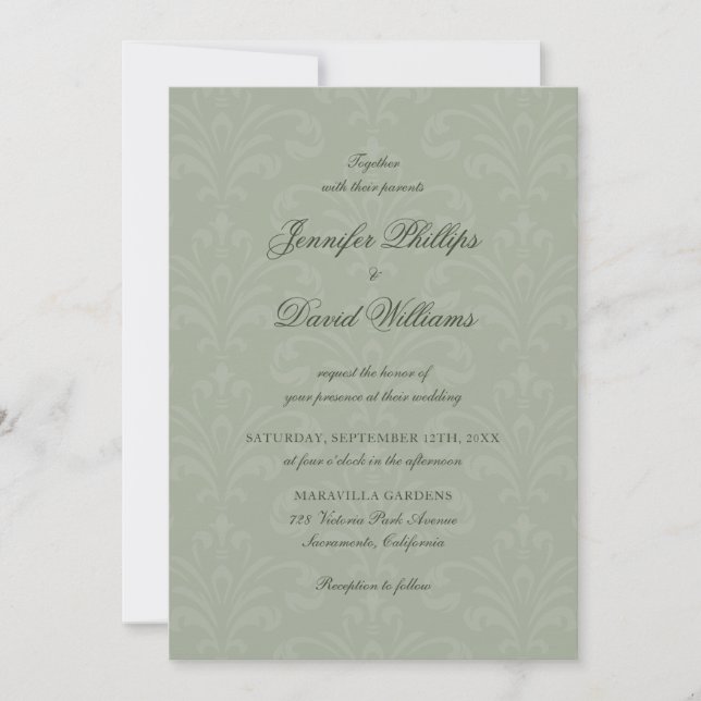 Invitación Elegante Script Vintage Sage Green Damask Wedding (Anverso)