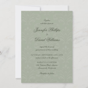 Invitación Elegante Script Vintage Sage Green Damask Wedding
