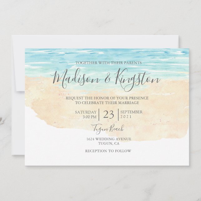 Invitación Elegante Script Watercolor Beach Wedding Invitació (Anverso)