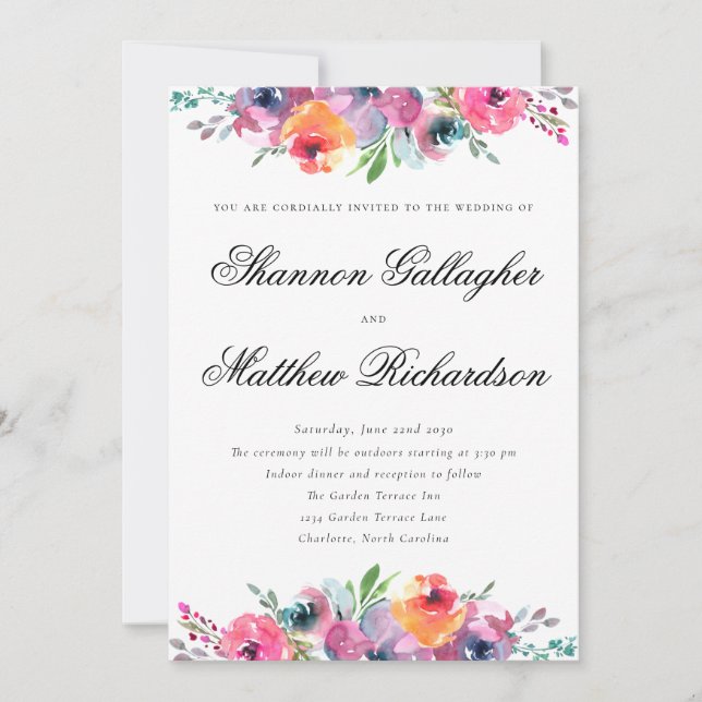 Invitación Elegante Script Watercolor Floral Boda (Anverso)