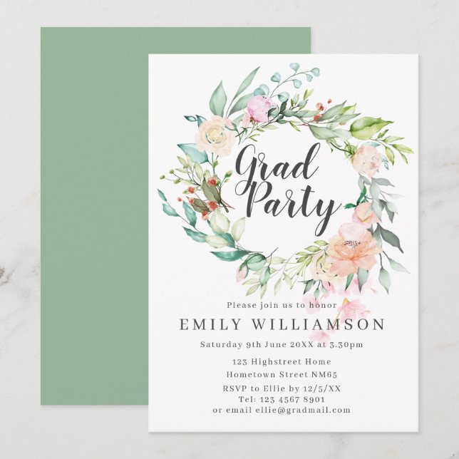 Invitación Elegante Script Watercolor Floral Graduación (Anverso / Reverso)